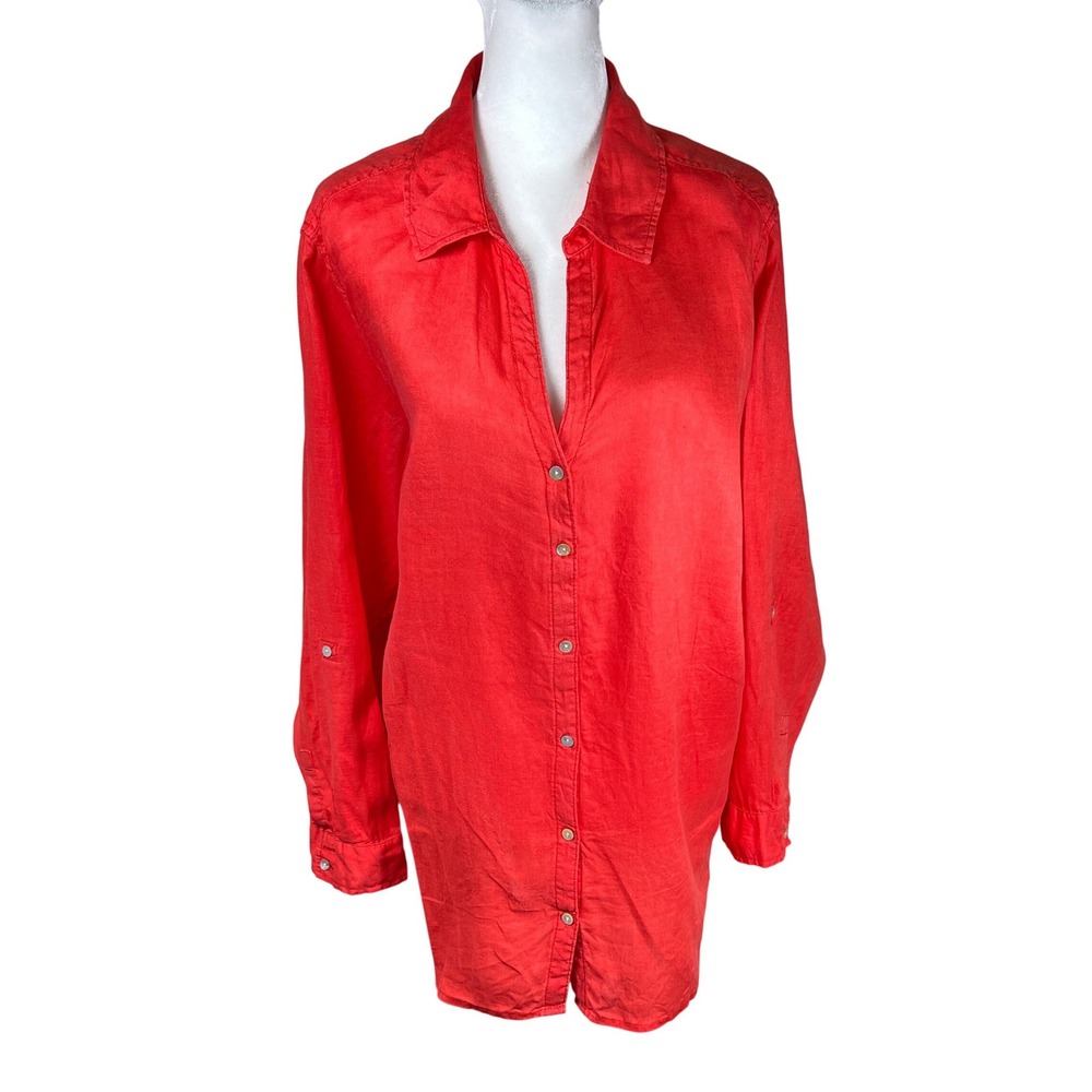 SIGRID OLSEN Womens 2X 100% Linen Button Up Shirt Coral Roll Tab Long Sleeve Top